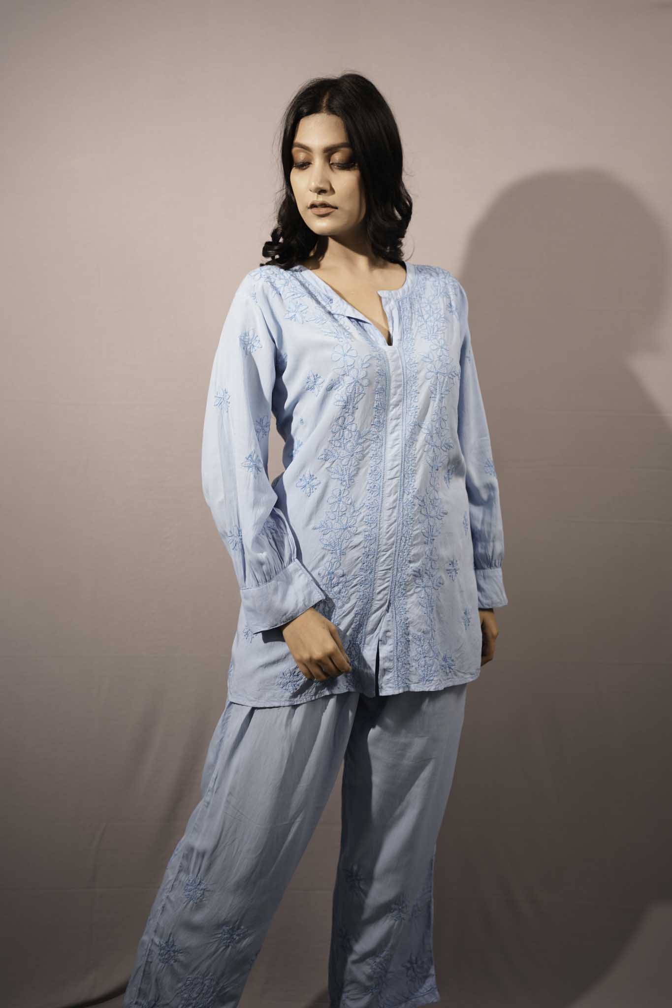 Muslin Chikankari Blue Co-ord Set