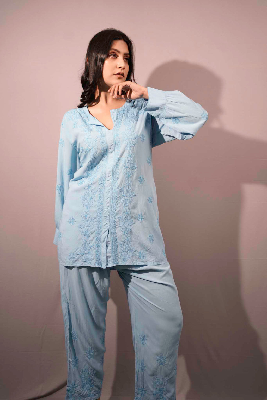 Muslin Chikankari Blue Co-ord Set