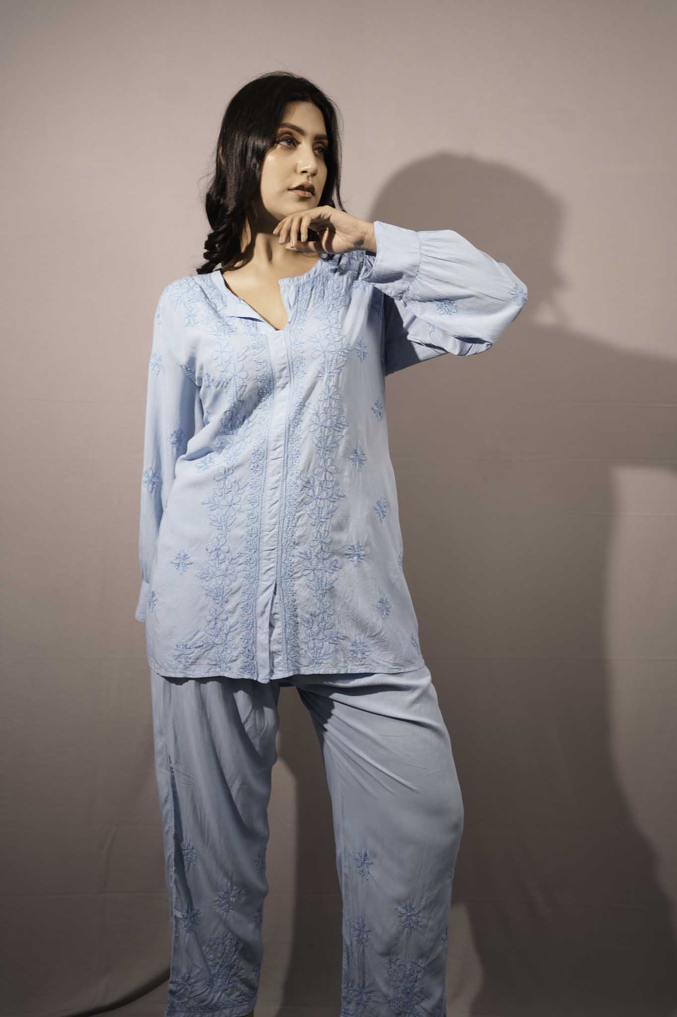Muslin Chikankari Blue Co-ord Set