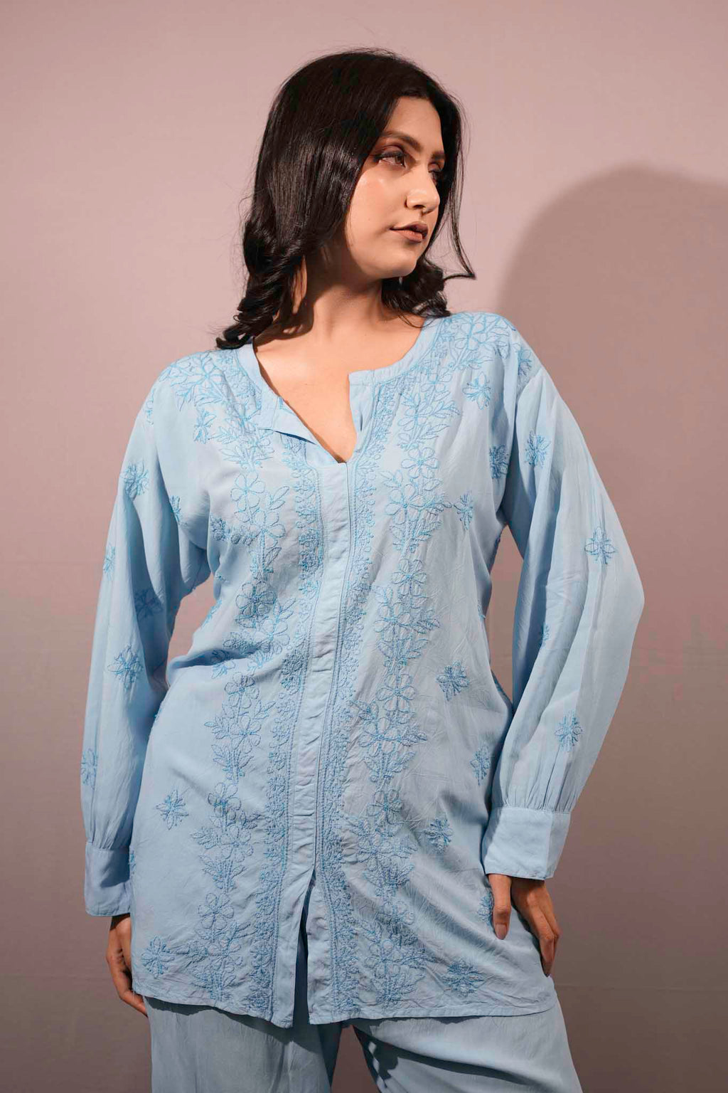 Muslin Chikankari Blue Co-ord Set