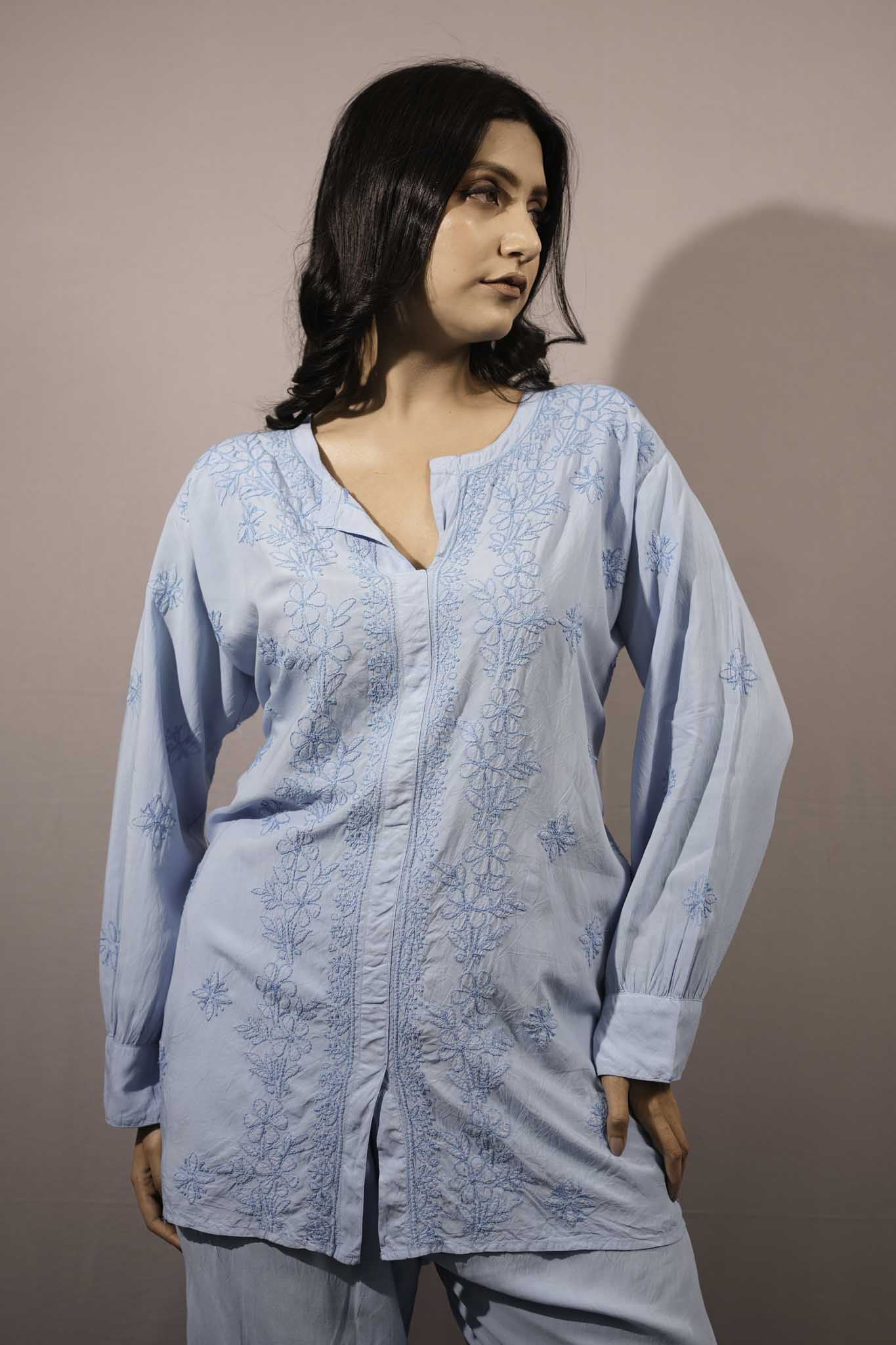 Muslin Chikankari Blue Co-ord Set