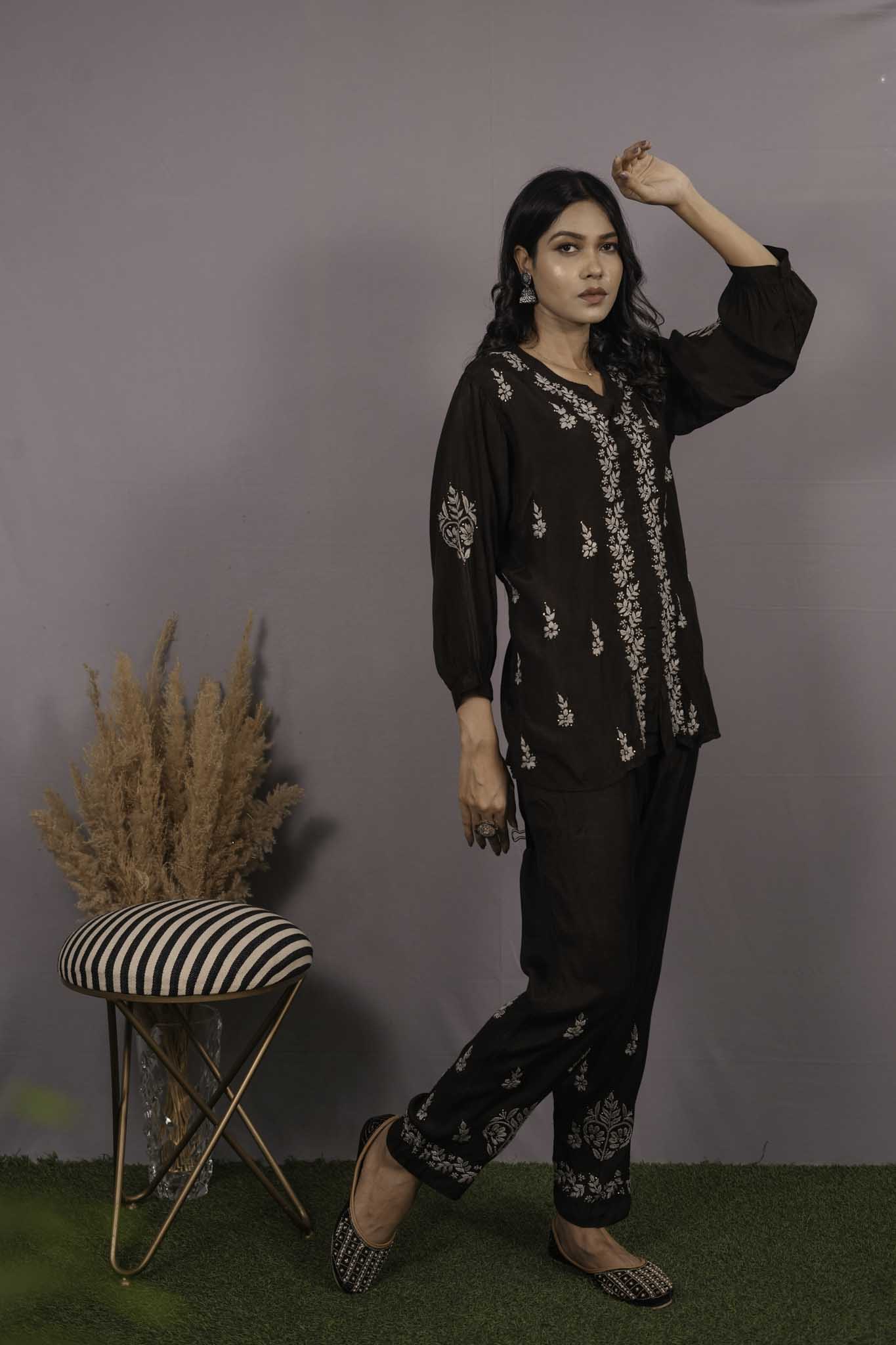 Muslin Chikankari Black Co-ord Set