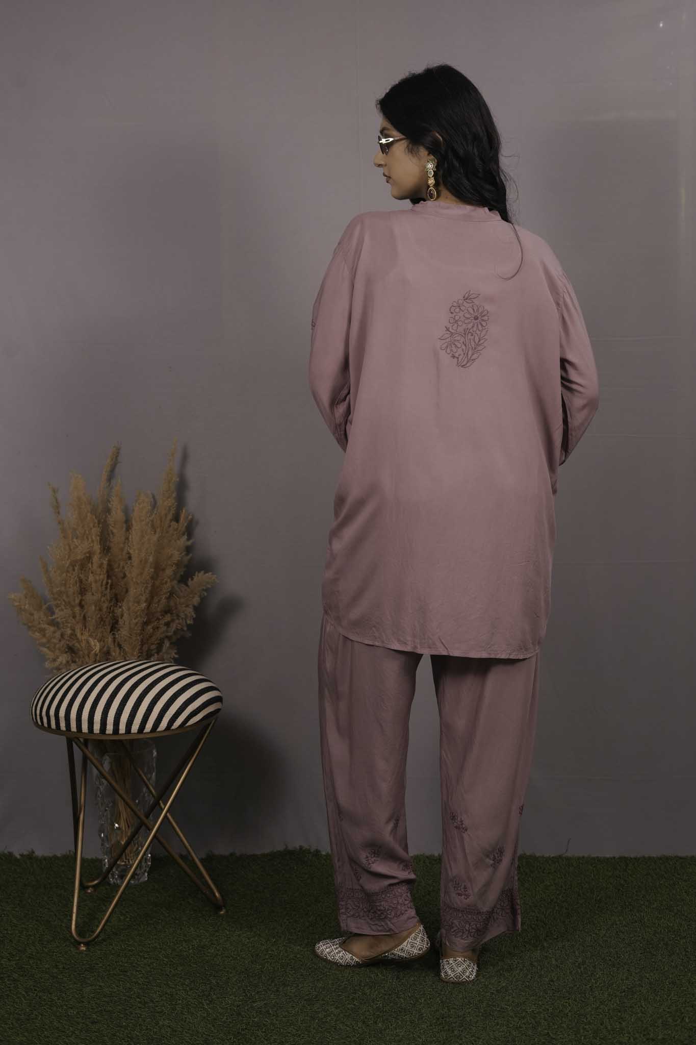 Muslin Chikankari Mauve pink Co-ord Set