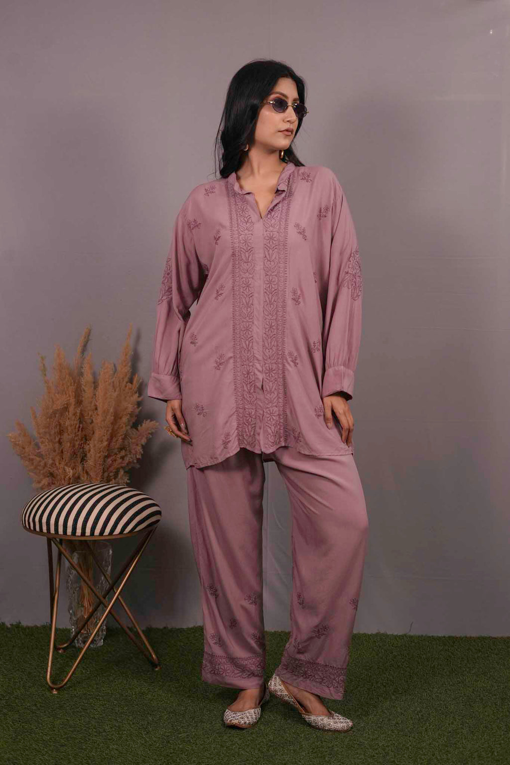 Muslin Chikankari Mauve pink Co-ord Set