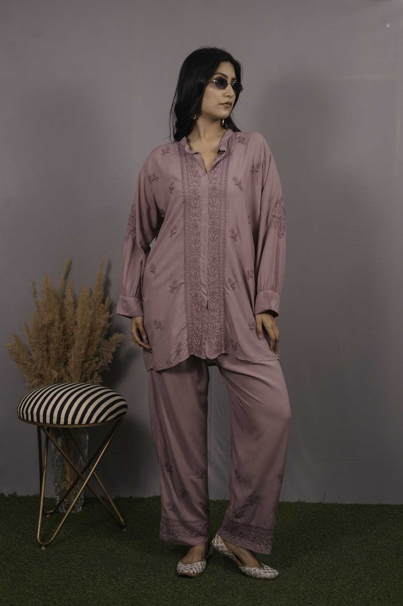 Muslin Chikankari Mauve pink Co-ord Set