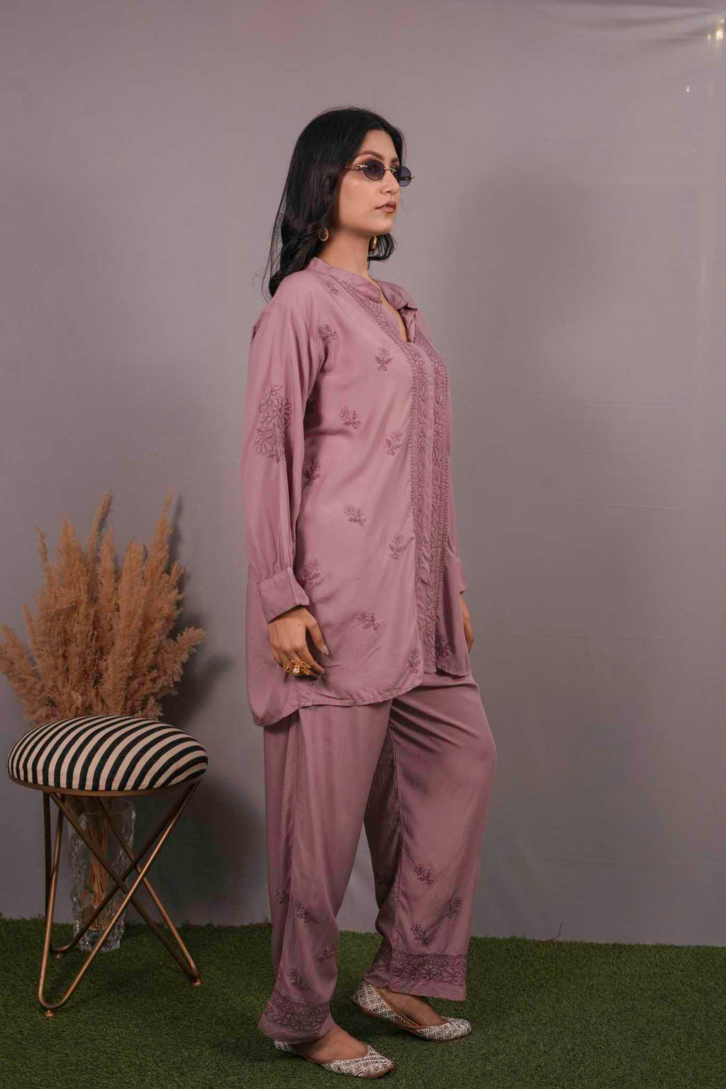 Muslin Chikankari Mauve pink Co-ord Set