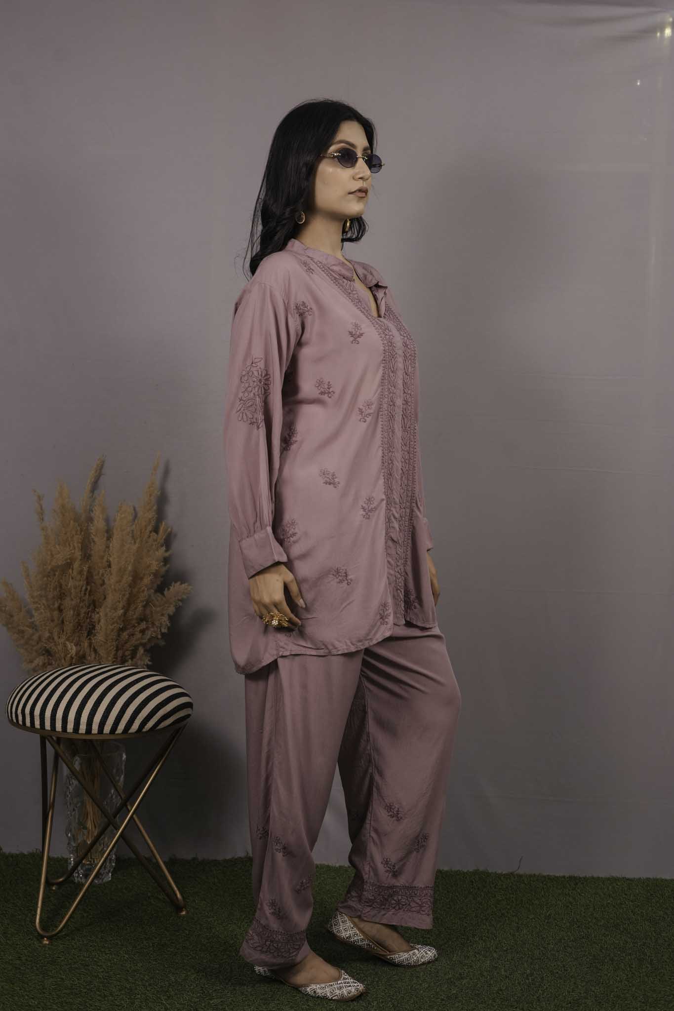 Muslin Chikankari Mauve pink Co-ord Set