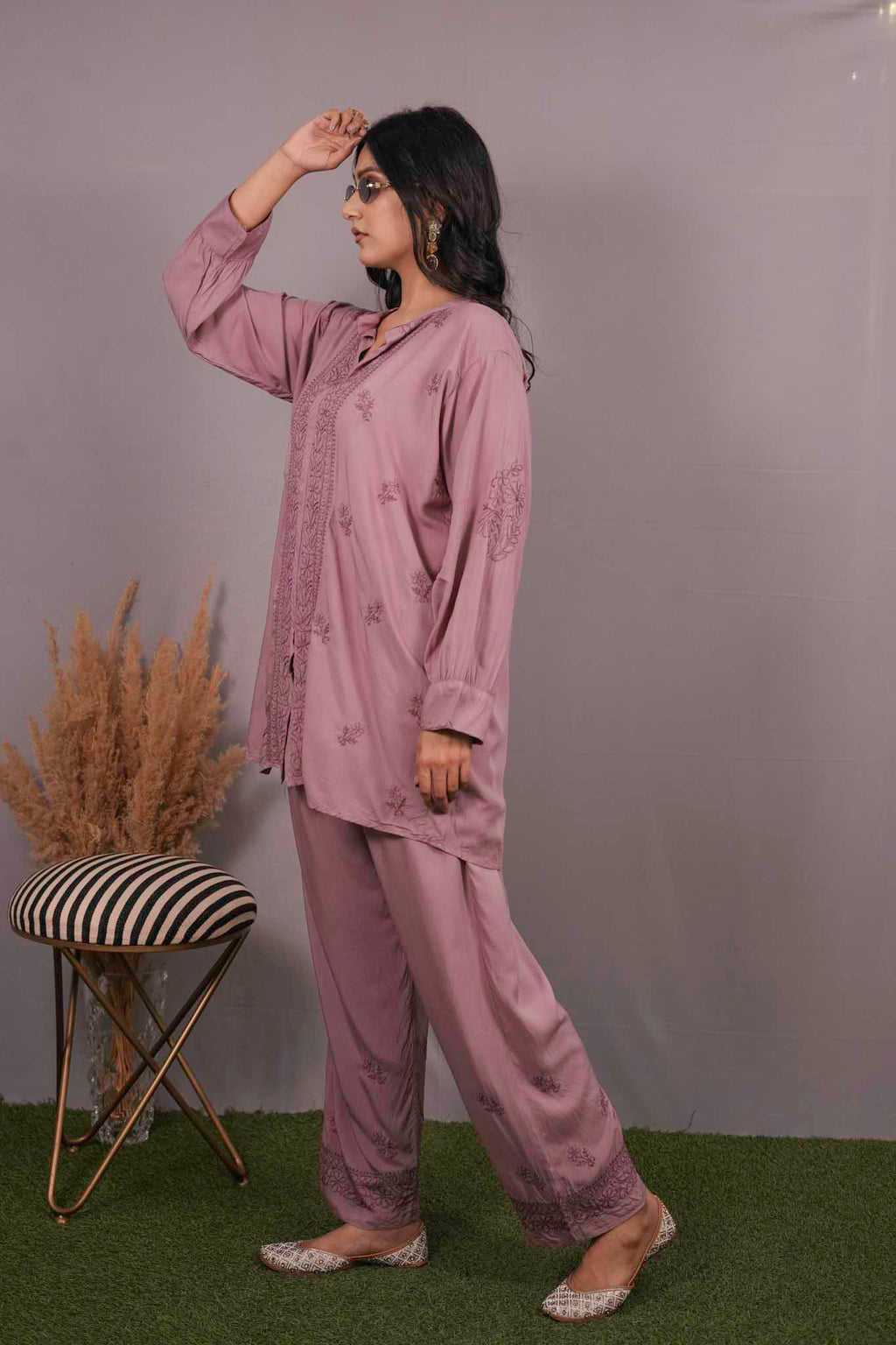 Muslin Chikankari Mauve pink Co-ord Set
