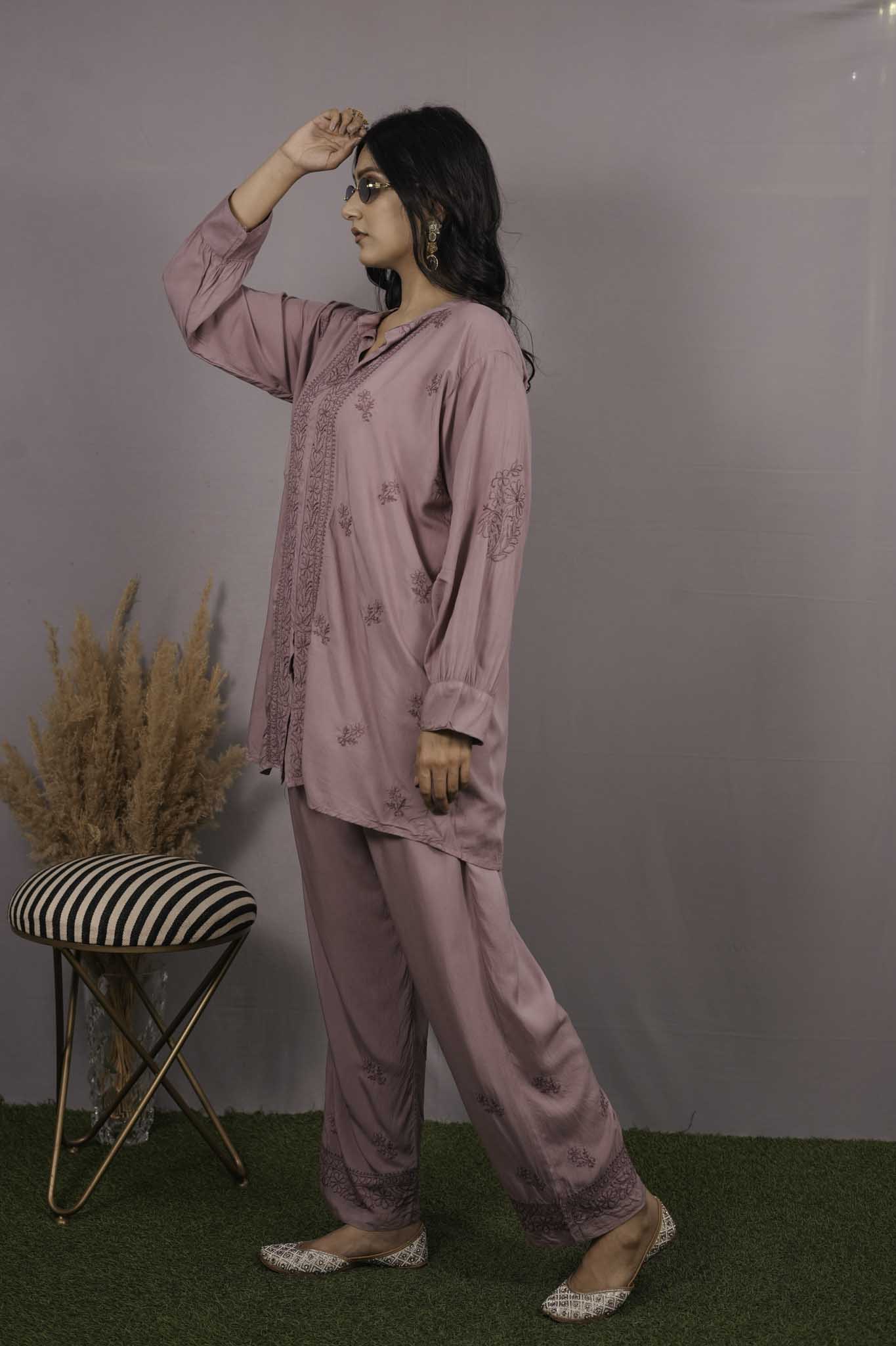 Muslin Chikankari Mauve pink Co-ord Set