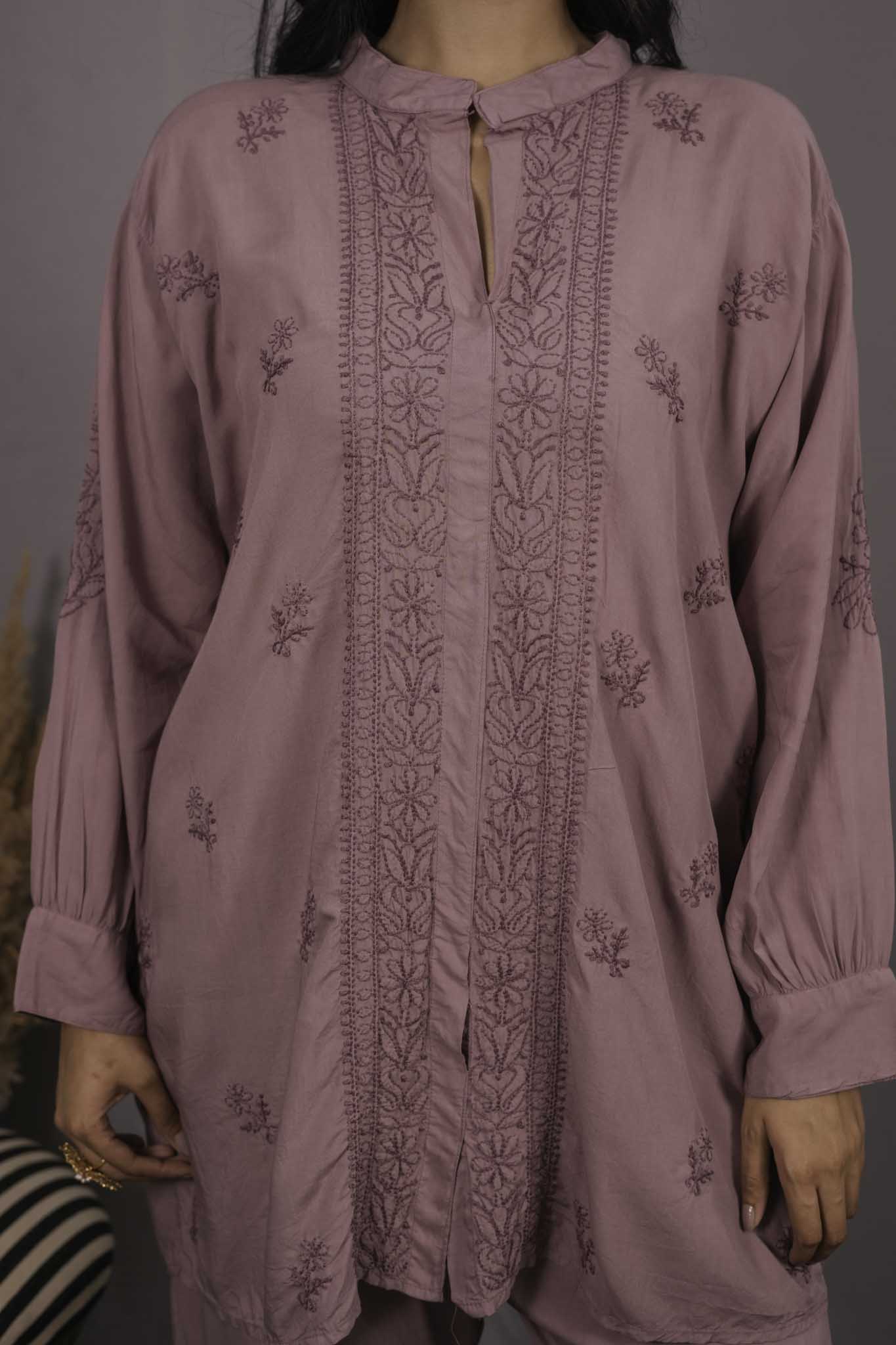 Muslin Chikankari Mauve pink Co-ord Set