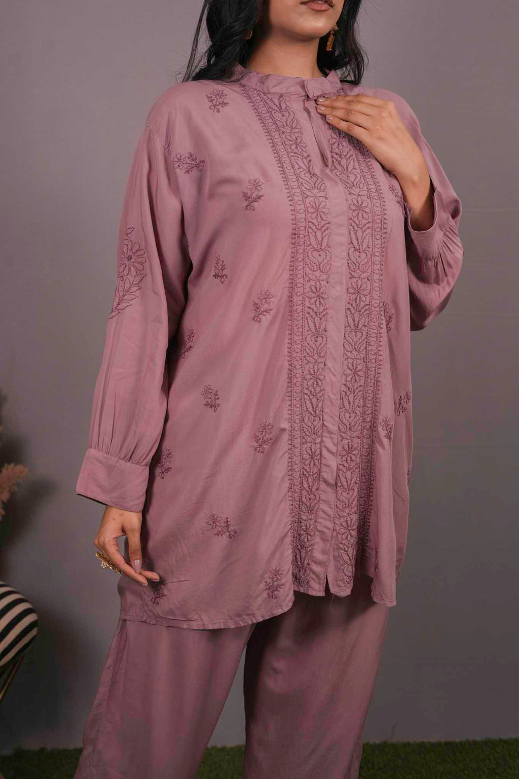 Muslin Chikankari Mauve pink Co-ord Set