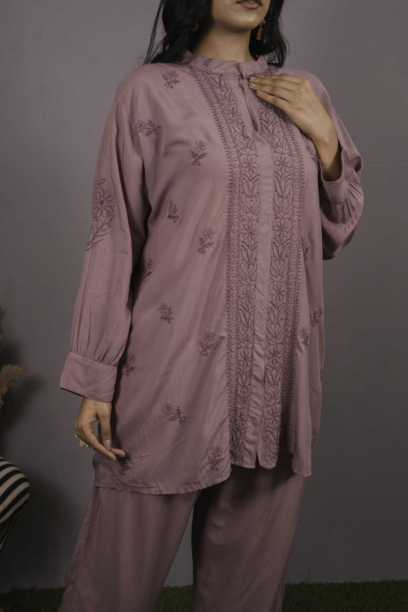 Muslin Chikankari Mauve pink Co-ord Set