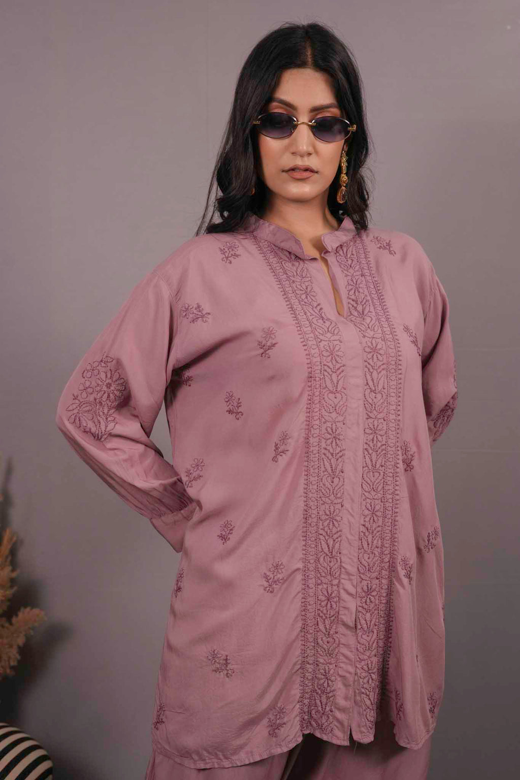 Muslin Chikankari Mauve pink Co-ord Set