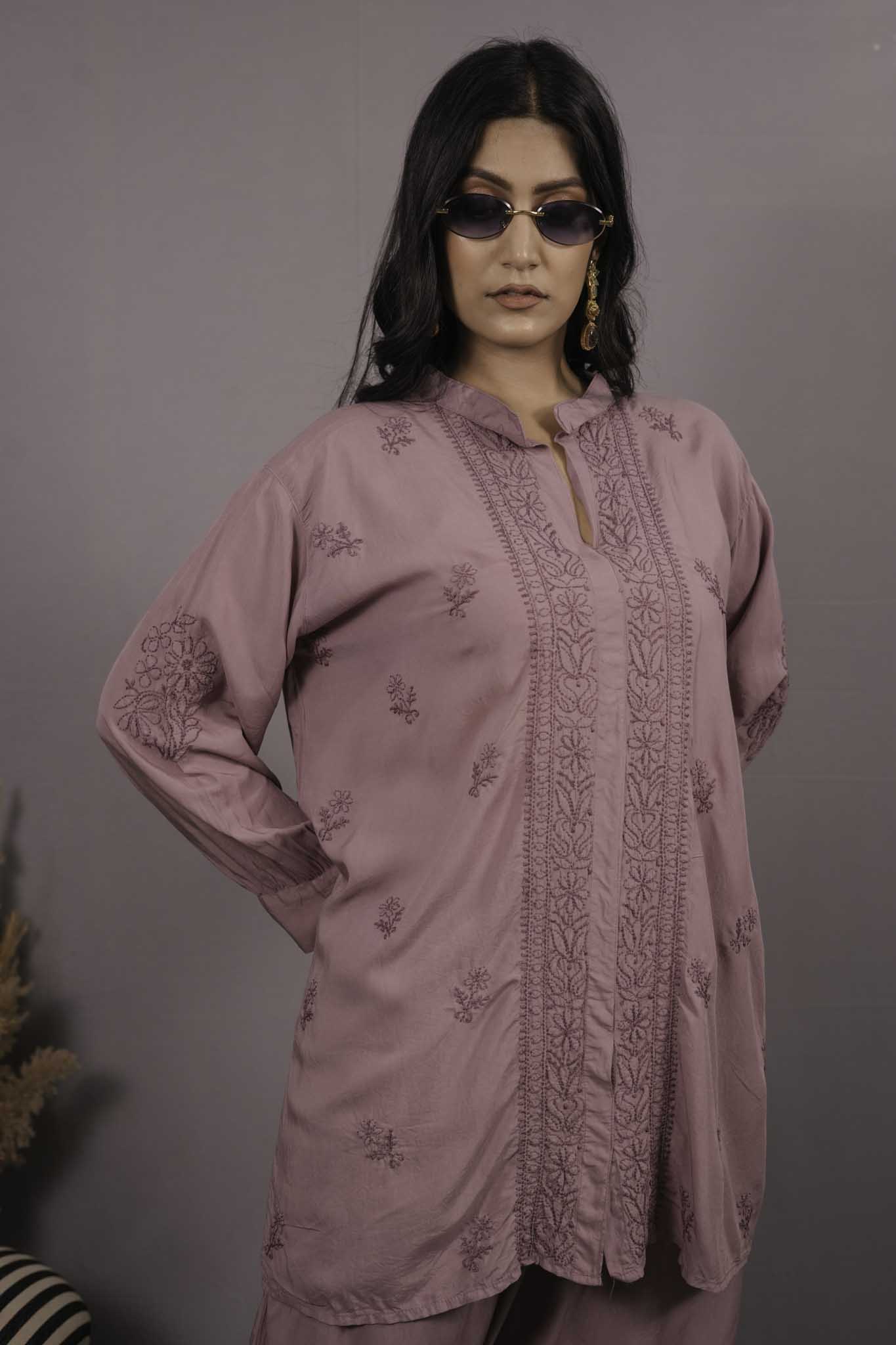 Muslin Chikankari Mauve pink Co-ord Set