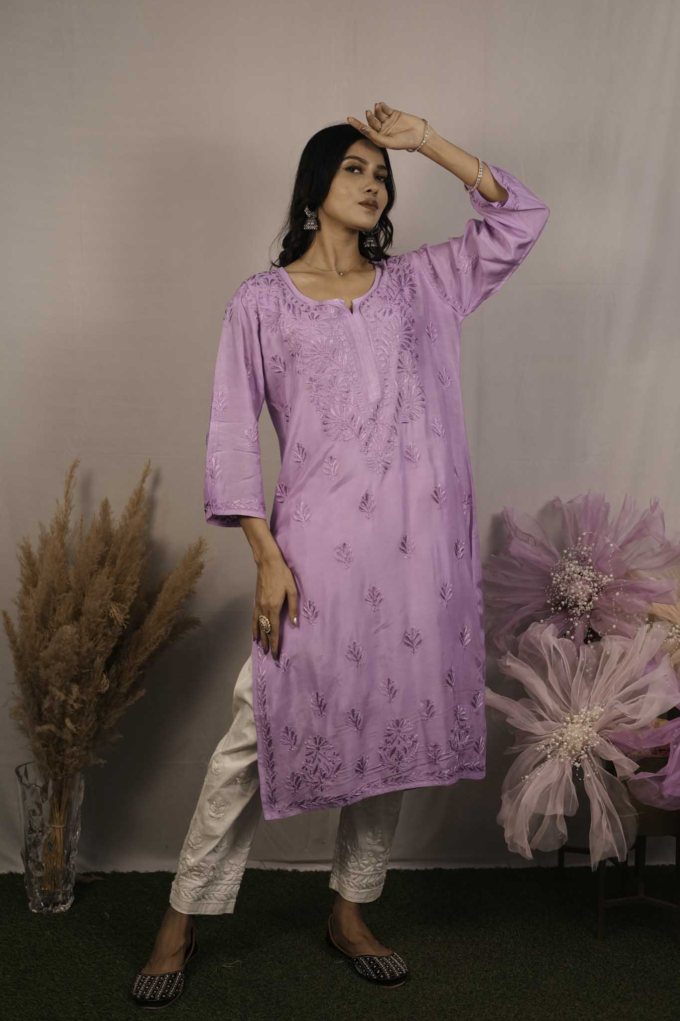 Chanderi Chikankari Long Kurti