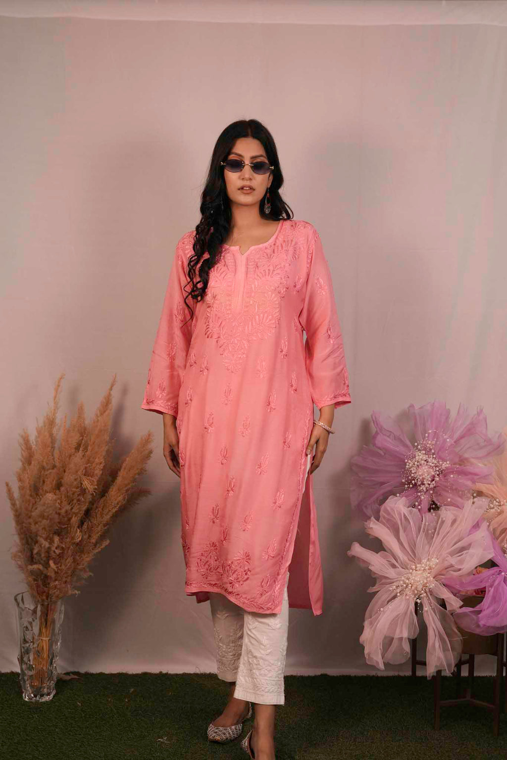 Chanderi Chikankari Long Kurti
