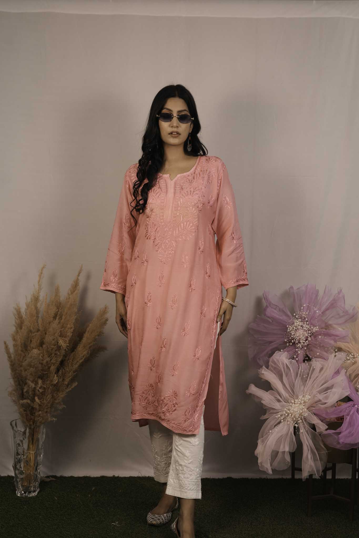 Chanderi Chikankari Long Kurti