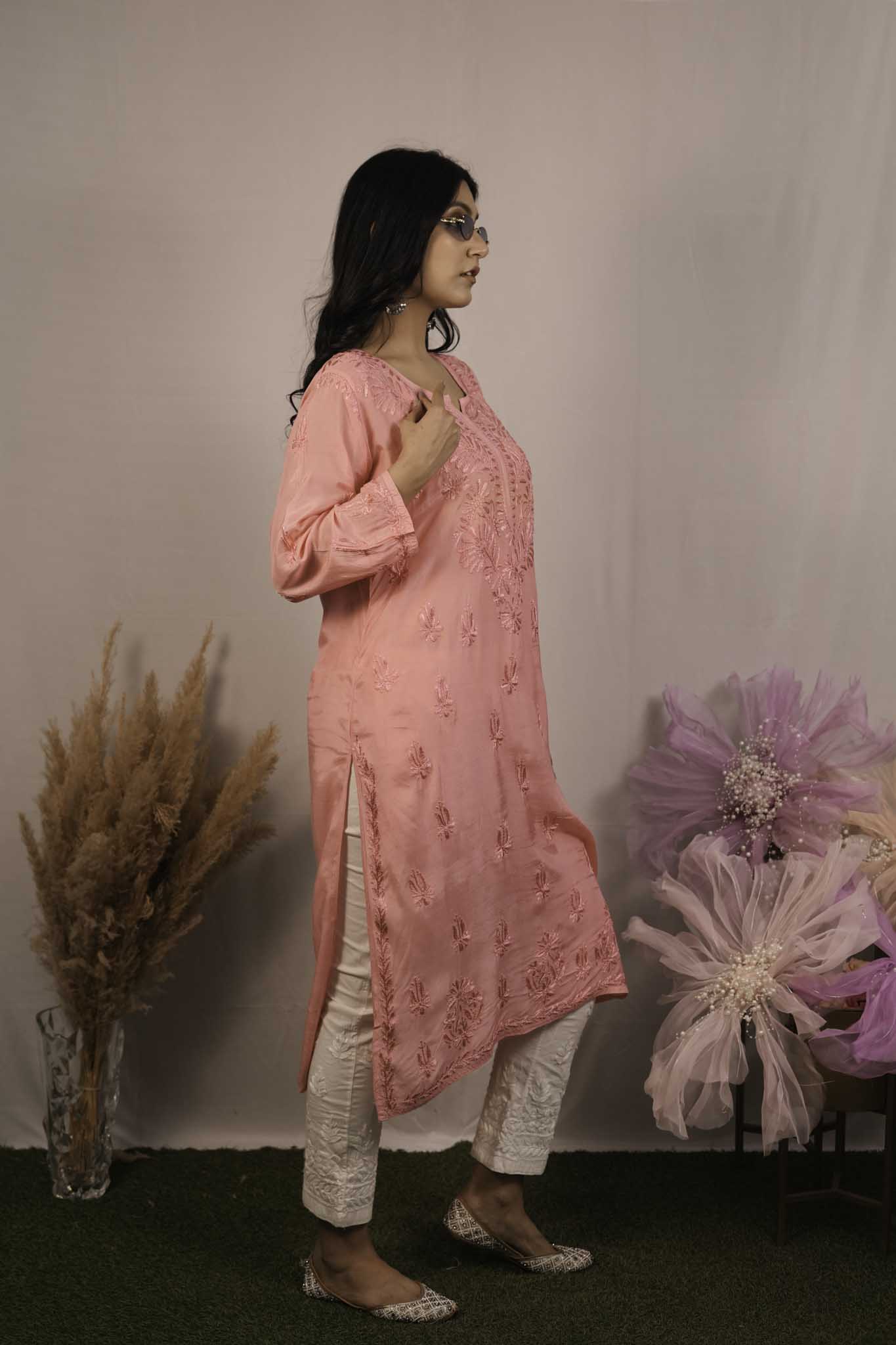 Chanderi Chikankari Long Kurti
