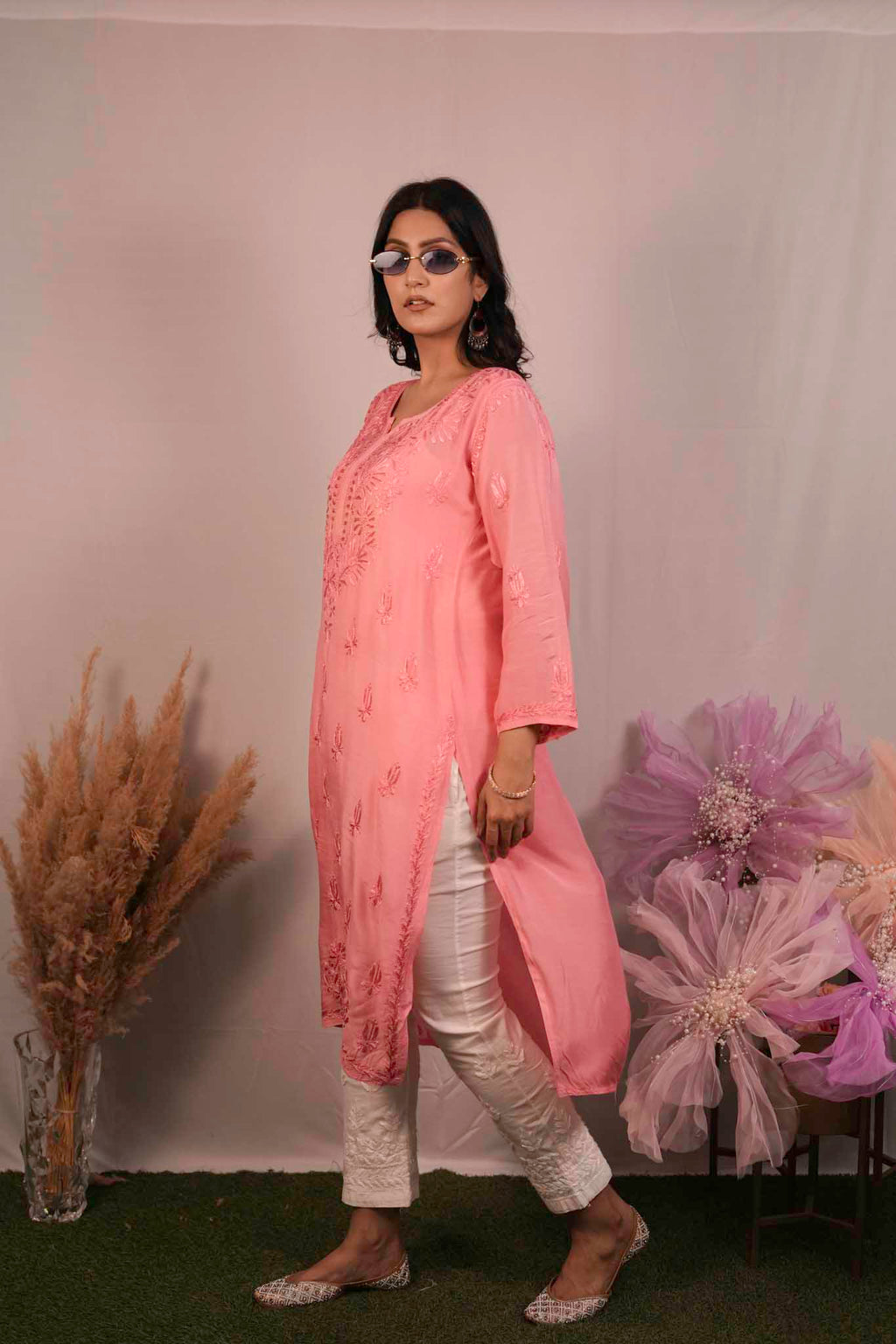 Chanderi Chikankari Long Kurti
