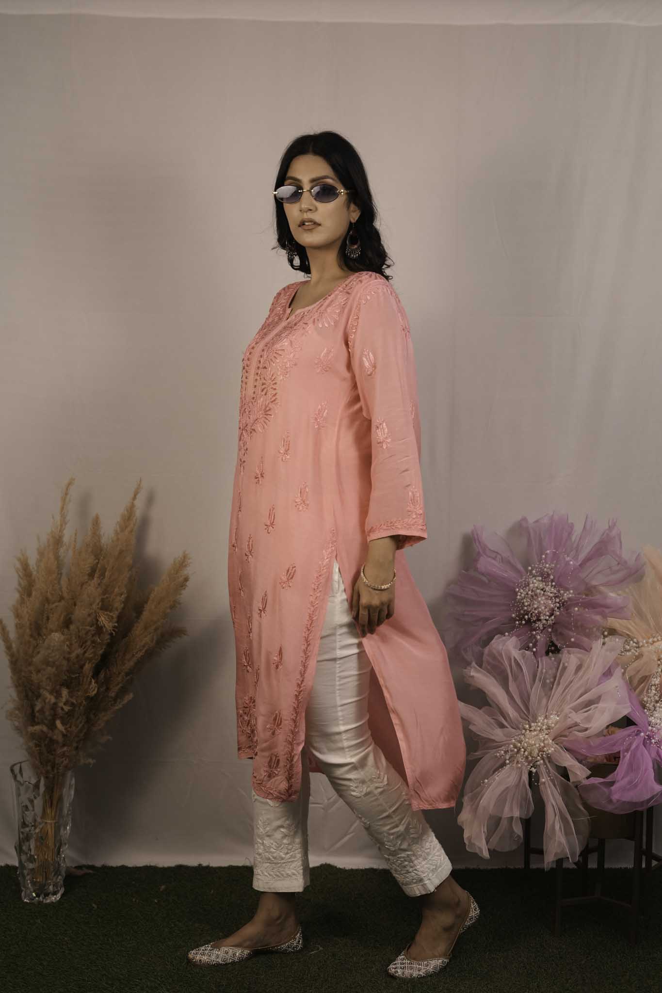 Chanderi Chikankari Long Kurti