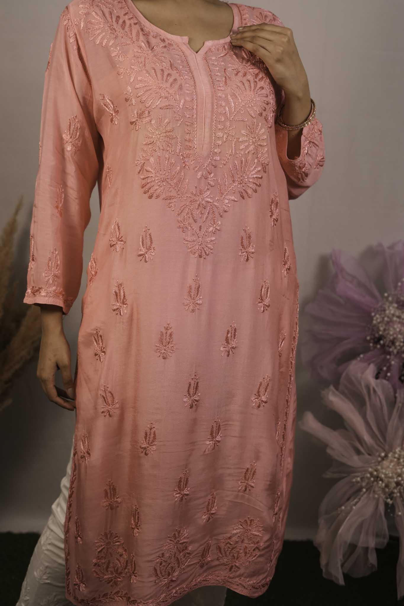 Chanderi Chikankari Long Kurti
