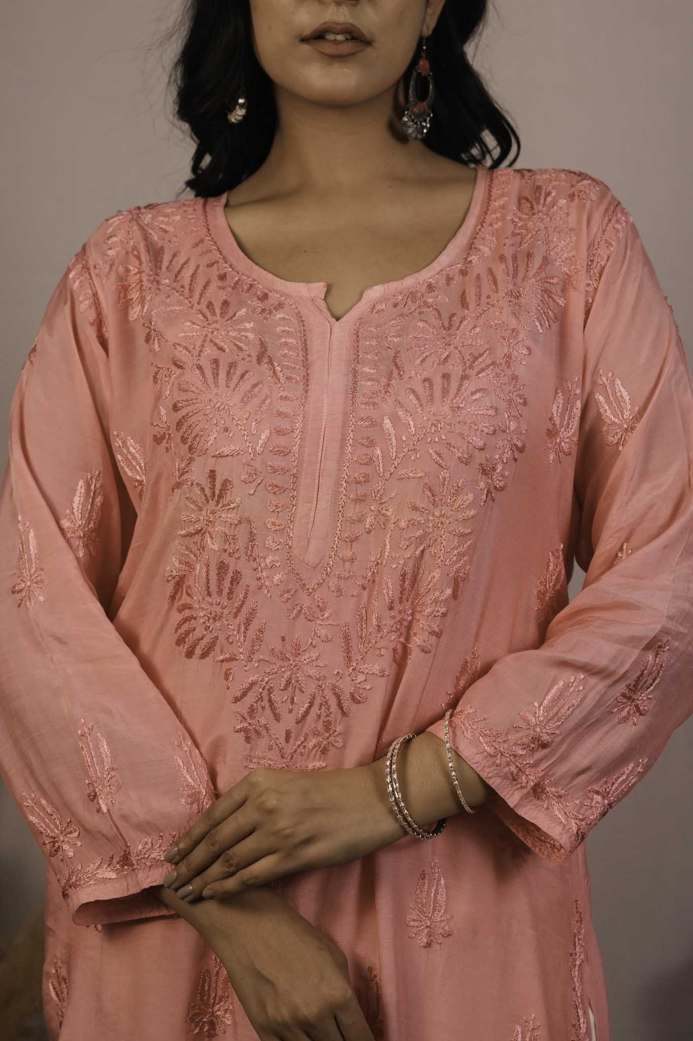Chanderi Chikankari Long Kurti