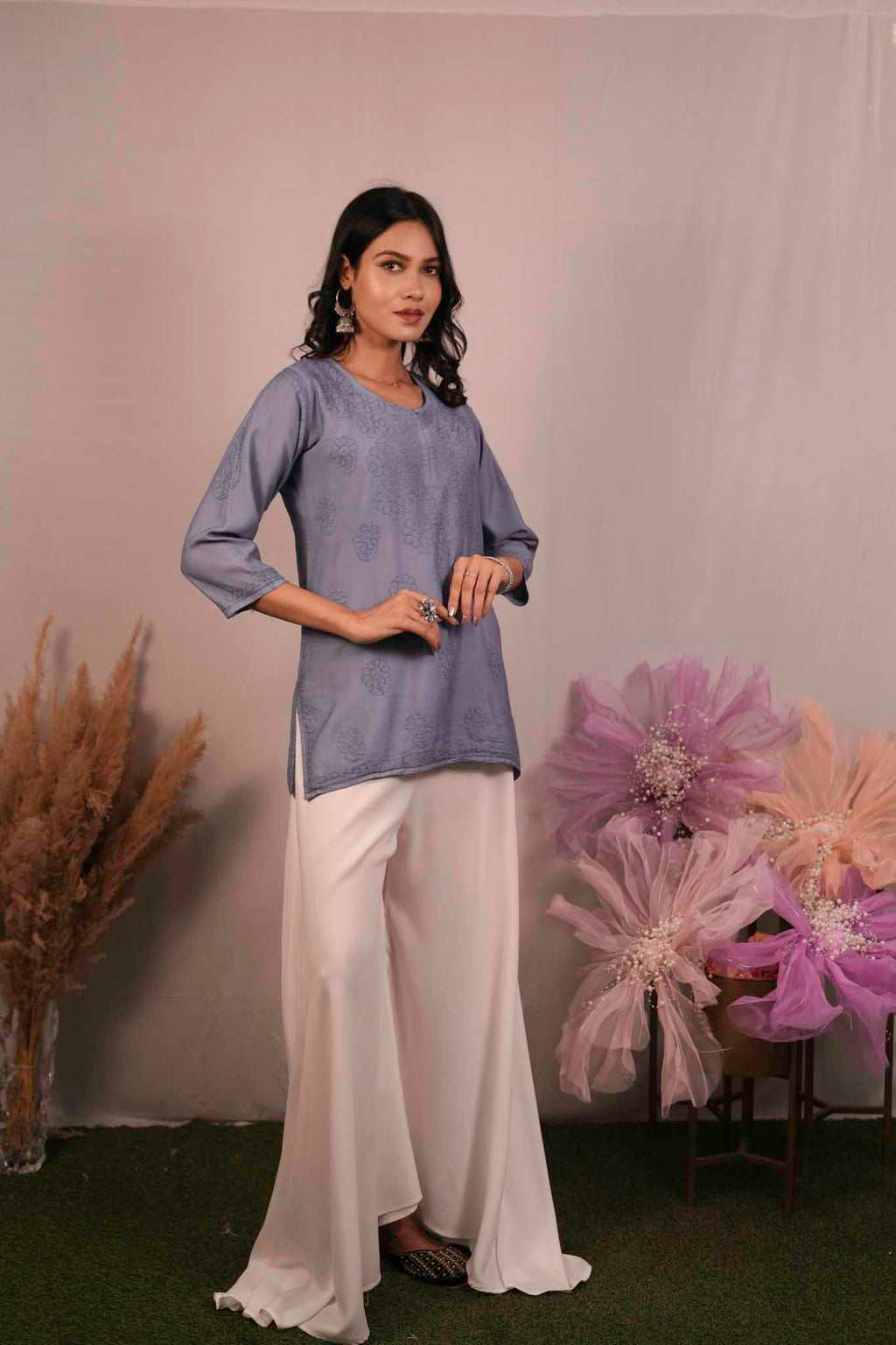 Chanderi Chikankari Purple Short Kurti