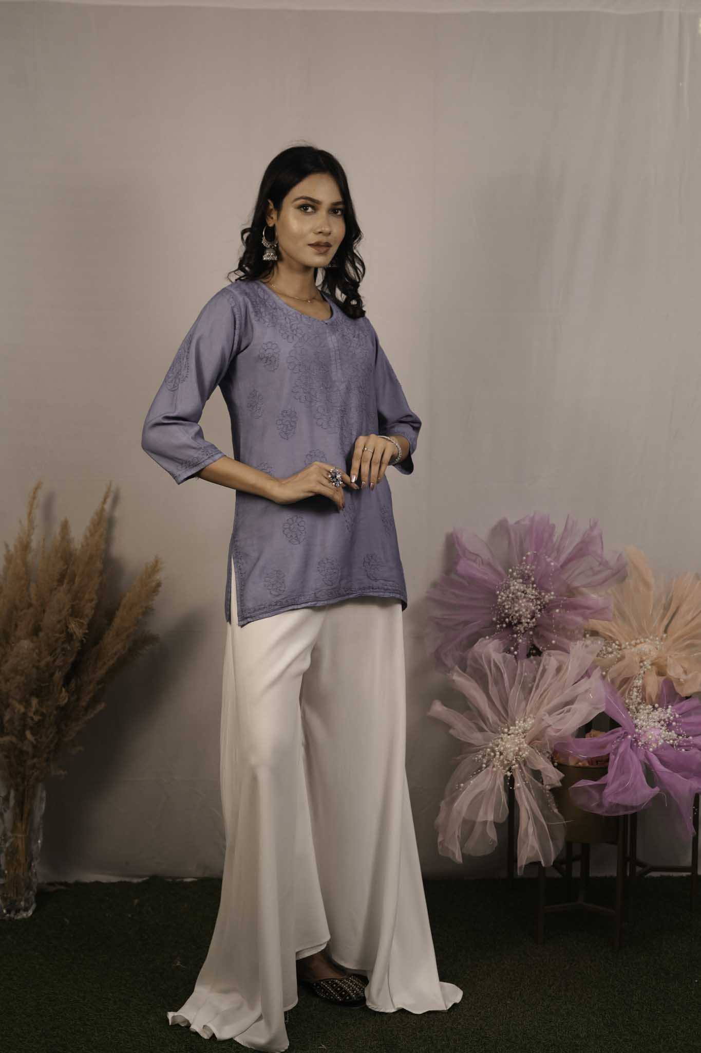 Chanderi Chikankari Purple Short Kurti