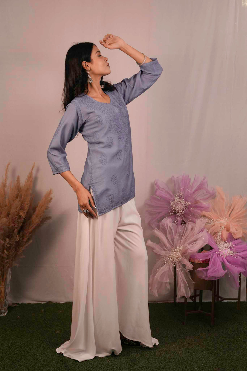 Chanderi Chikankari Purple Short Kurti