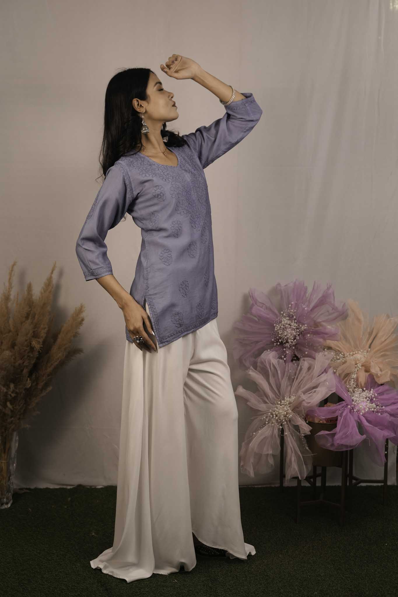 Chanderi Chikankari Purple Short Kurti