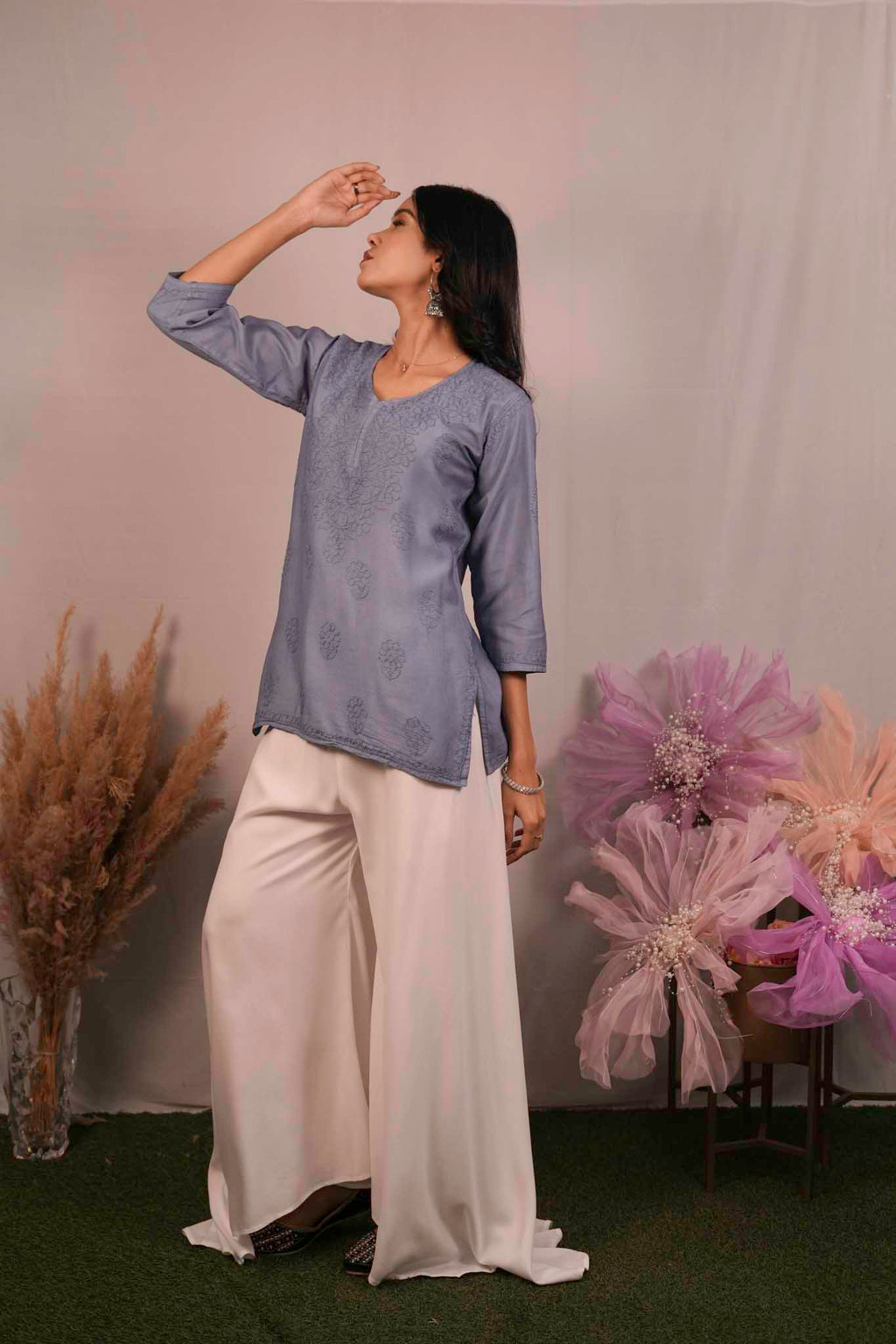 Chanderi Chikankari Purple Short Kurti