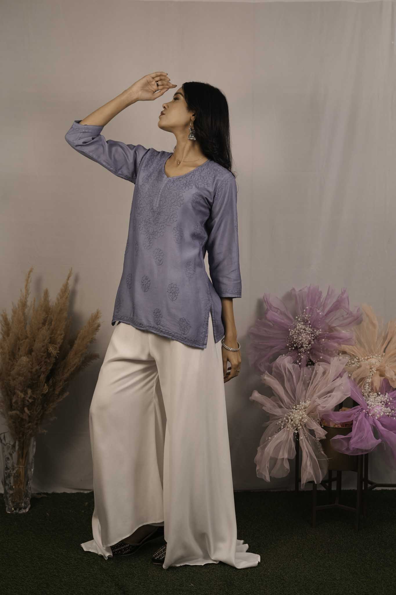 Chanderi Chikankari Purple Short Kurti