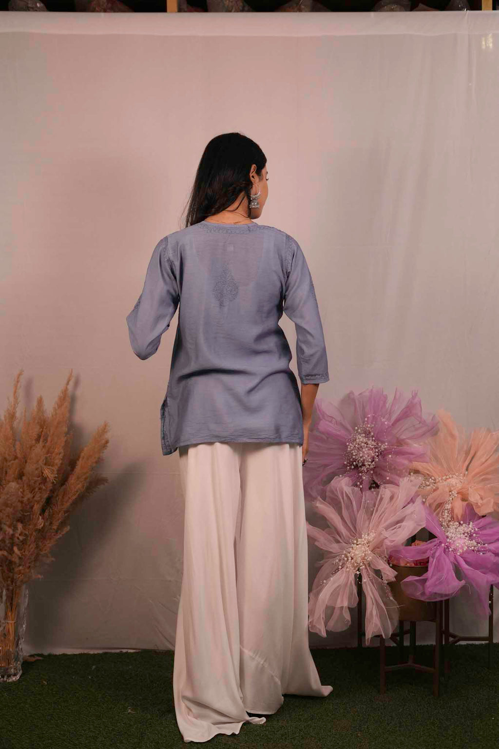 Chanderi Chikankari Purple Short Kurti