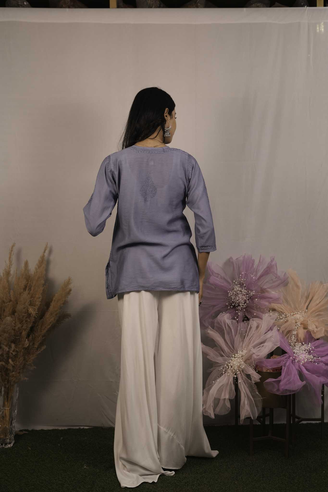 Chanderi Chikankari Purple Short Kurti