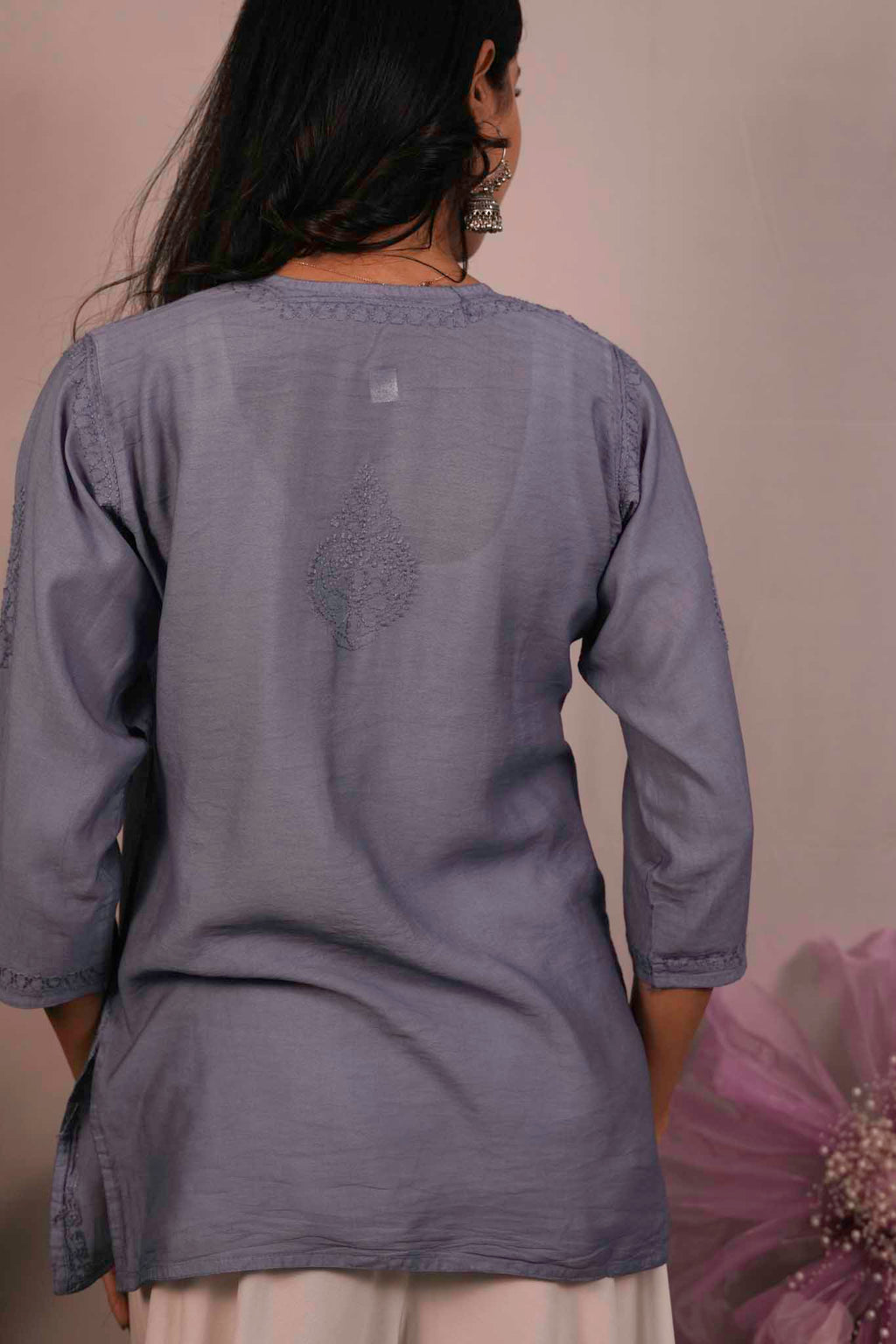 Chanderi Chikankari Purple Short Kurti