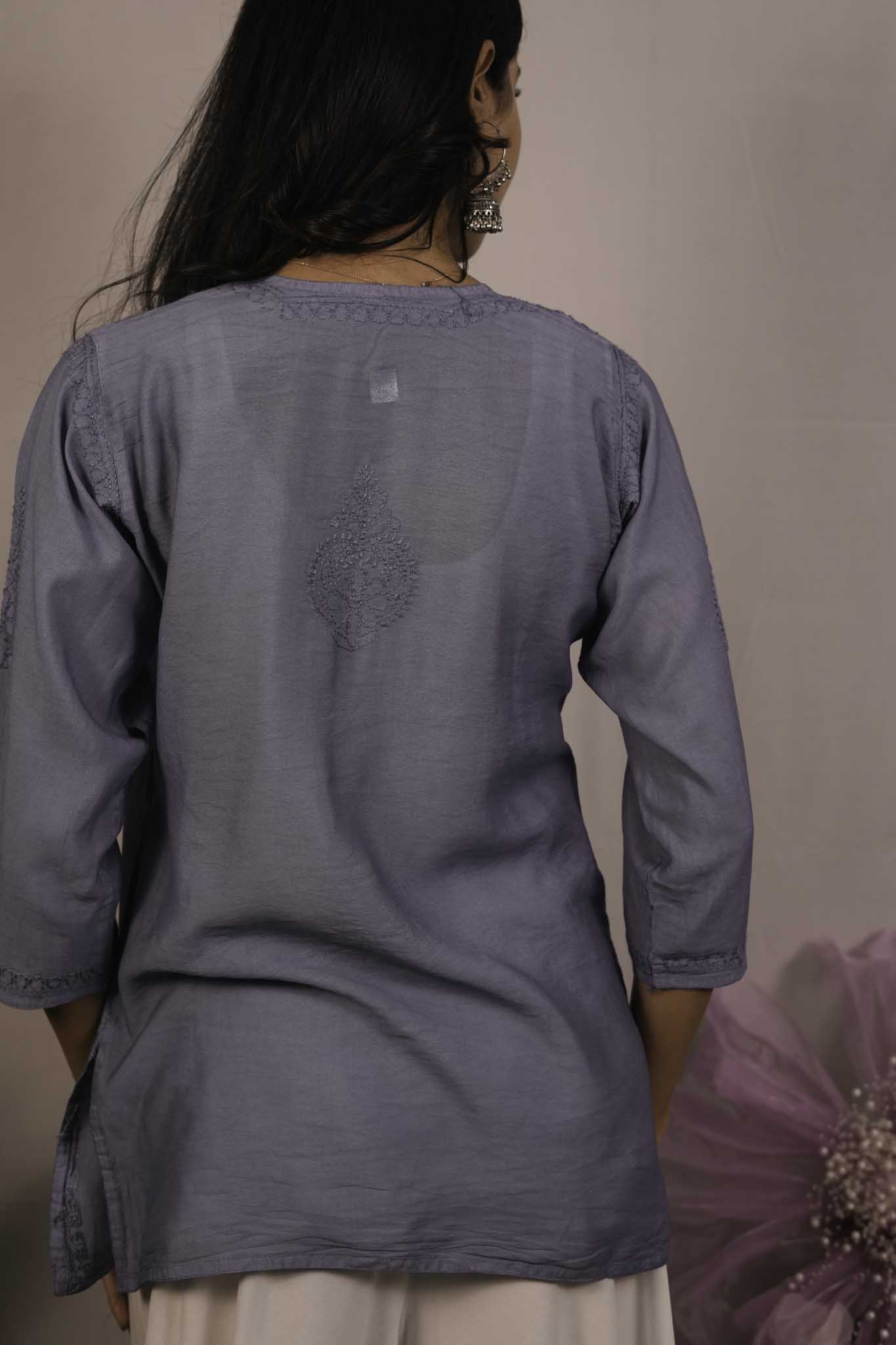 Chanderi Chikankari Purple Short Kurti