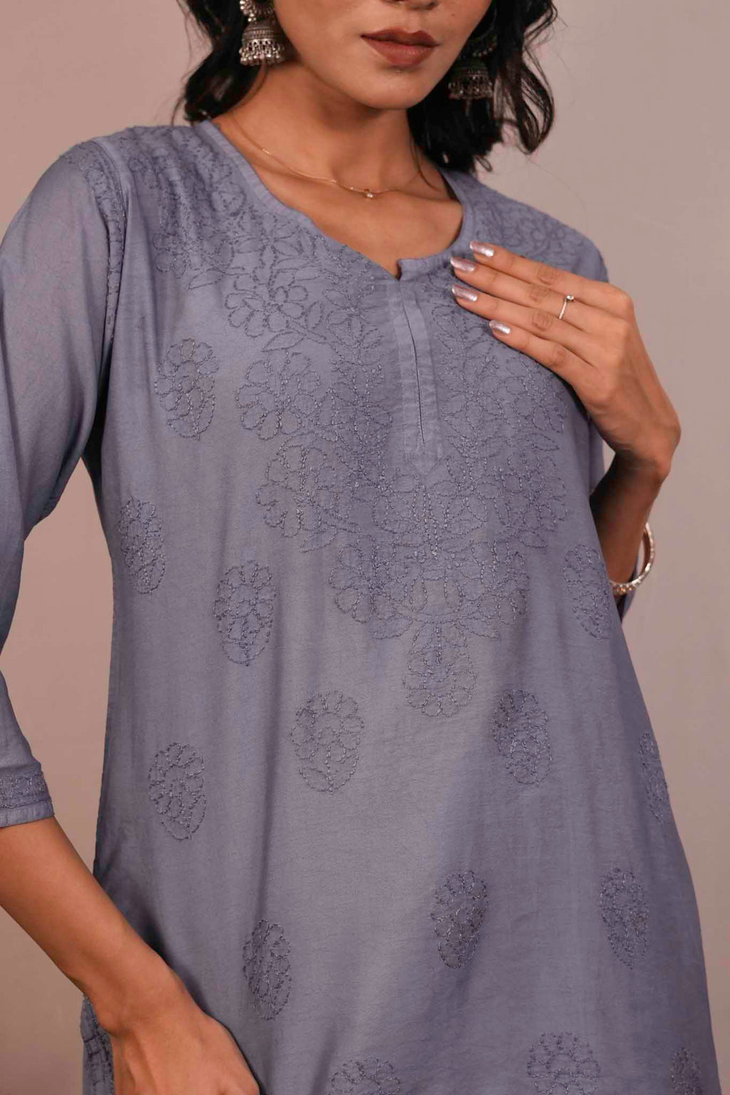 Chanderi Chikankari Purple Short Kurti