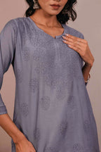 Chanderi Chikankari Purple Short Kurti
