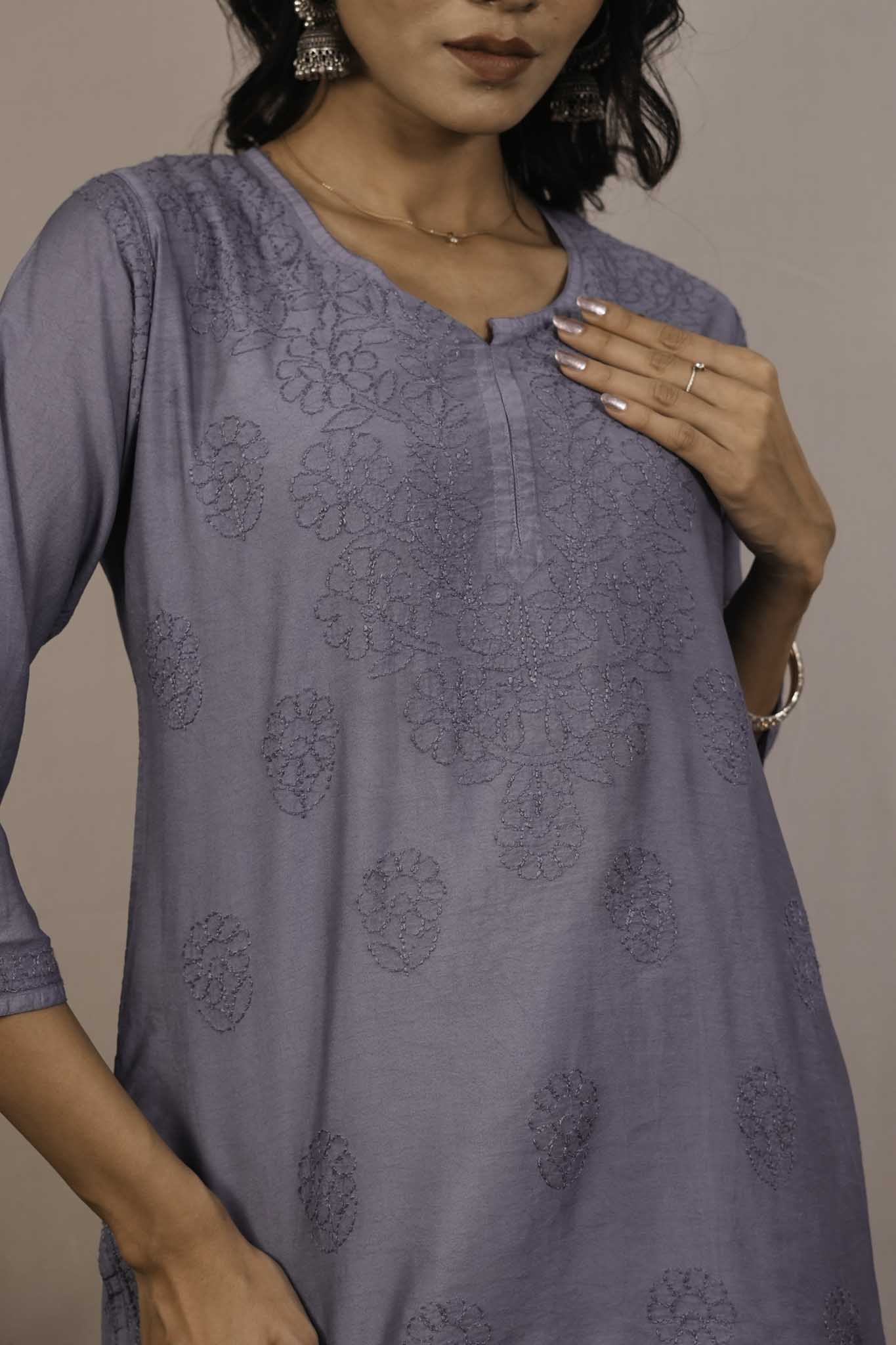 Chanderi Chikankari Purple Short Kurti