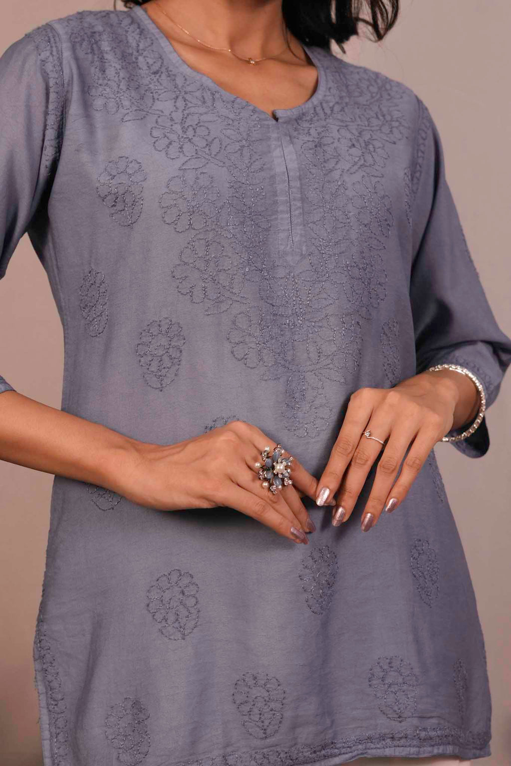 Chanderi Chikankari Purple Short Kurti