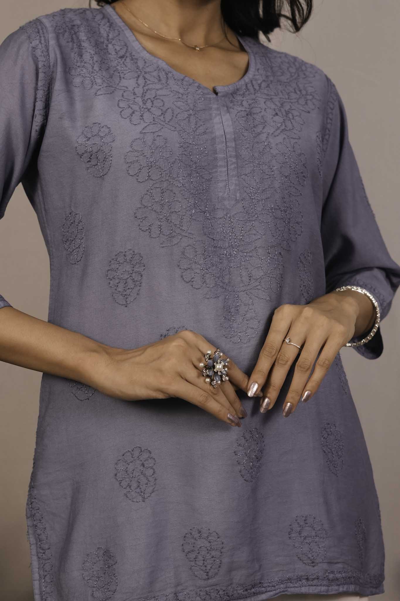 Chanderi Chikankari Purple Short Kurti