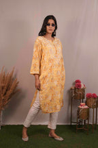 Mul Cotton Chikankari Yellow Kurti