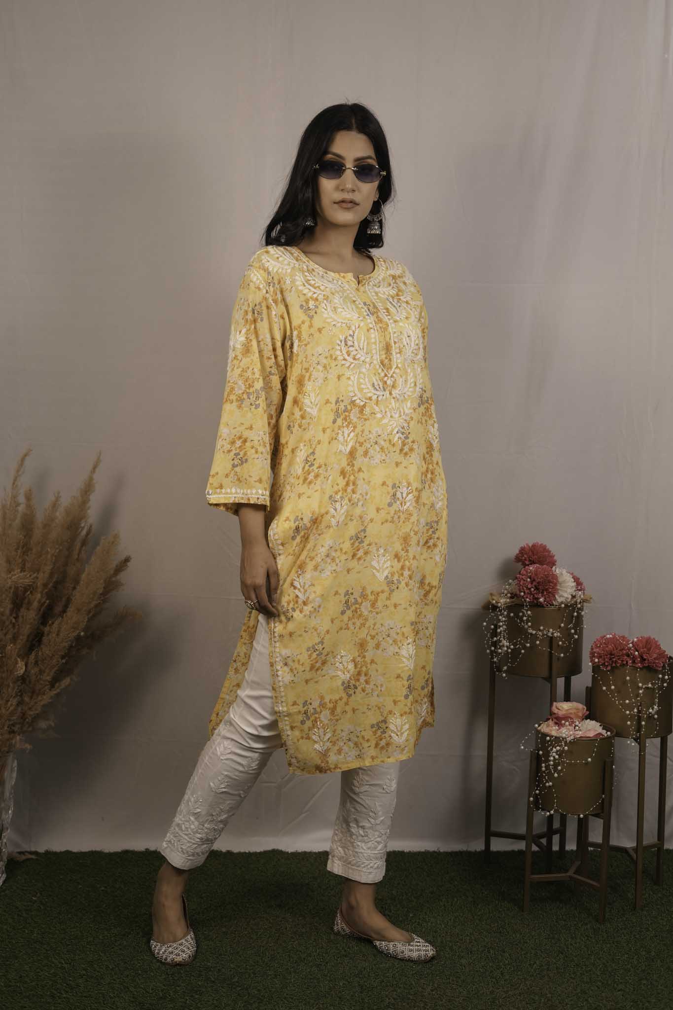 Mul Cotton Chikankari Yellow Kurti