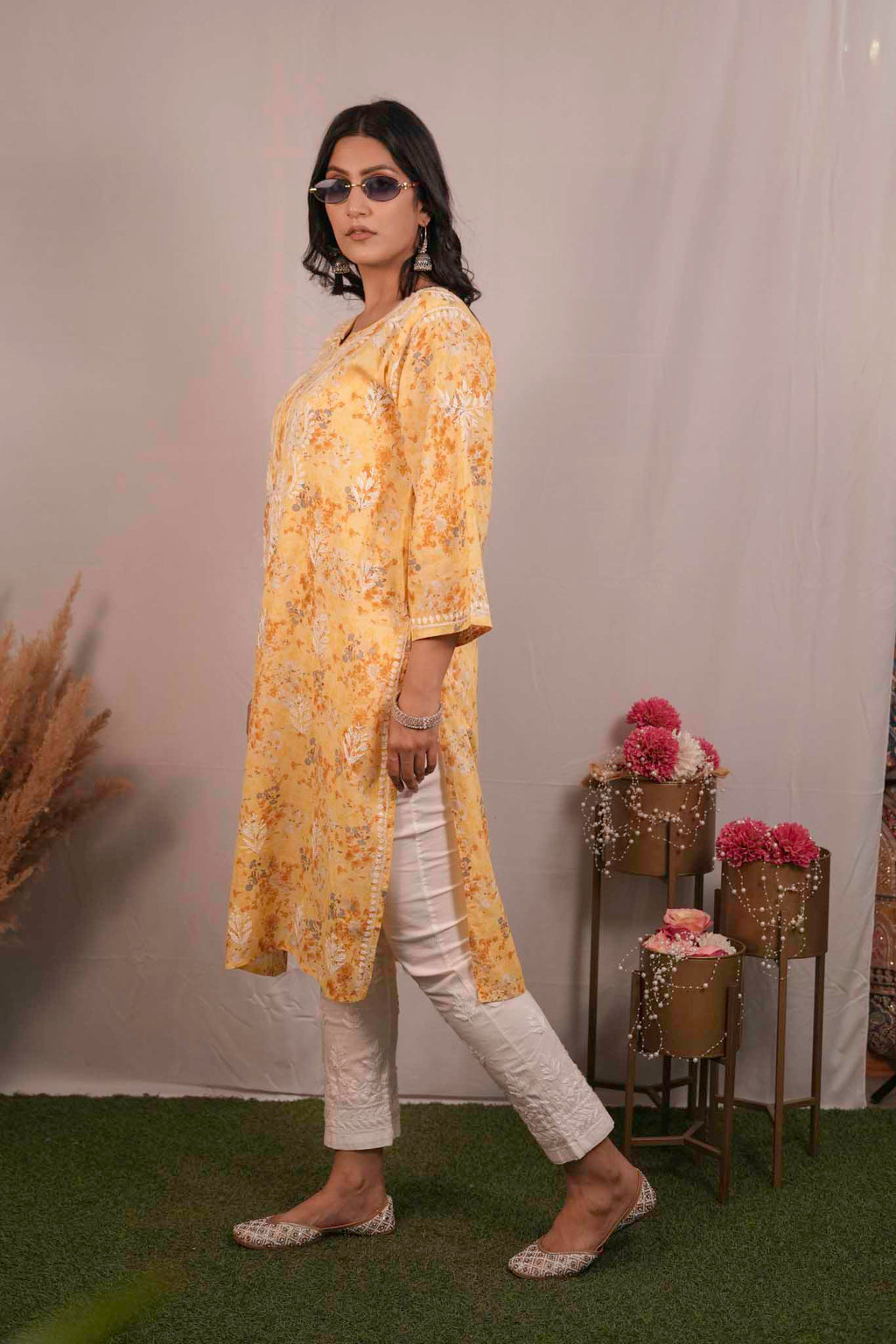 Mul Cotton Chikankari Yellow Kurti