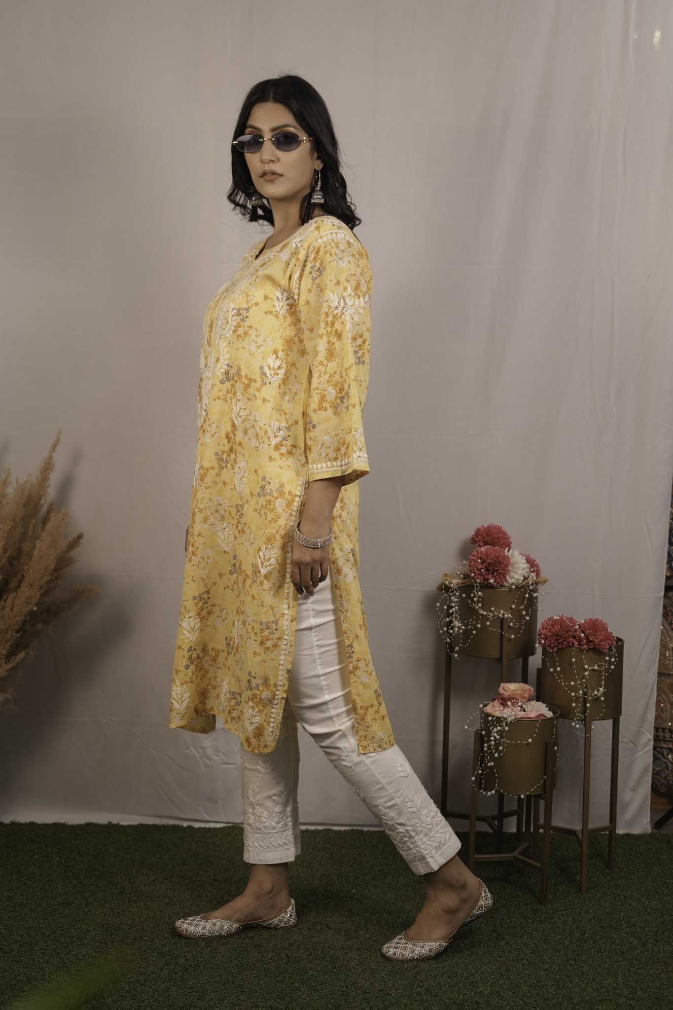 Mul Cotton Chikankari Yellow Kurti