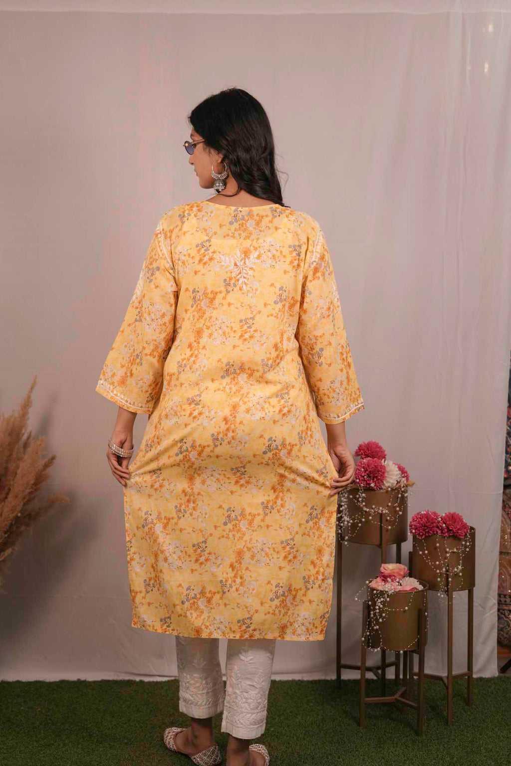 Mul Cotton Chikankari Yellow Kurti