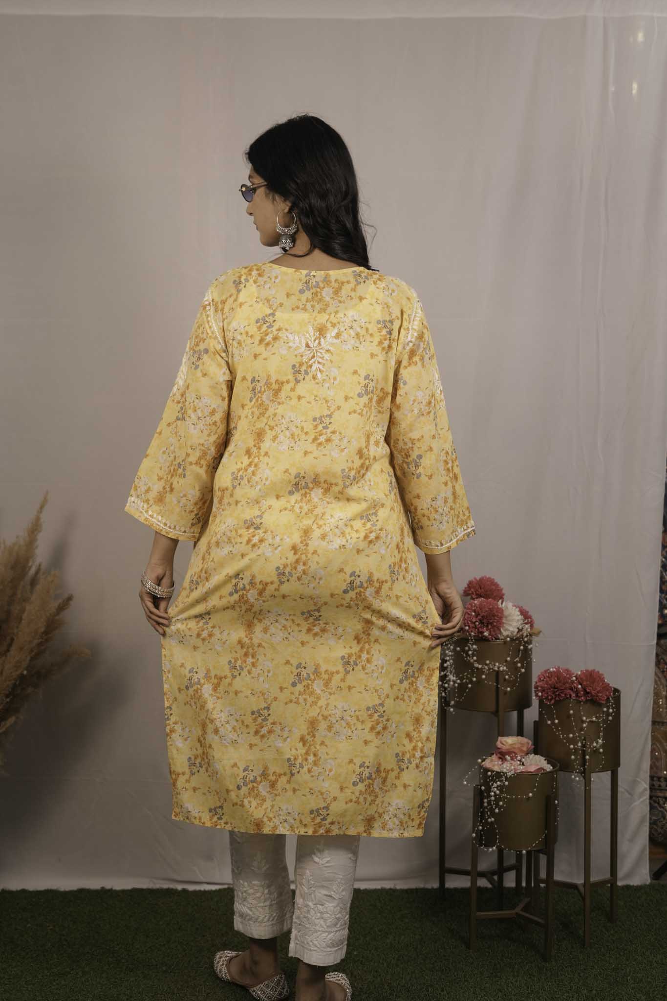 Mul Cotton Chikankari Yellow Kurti
