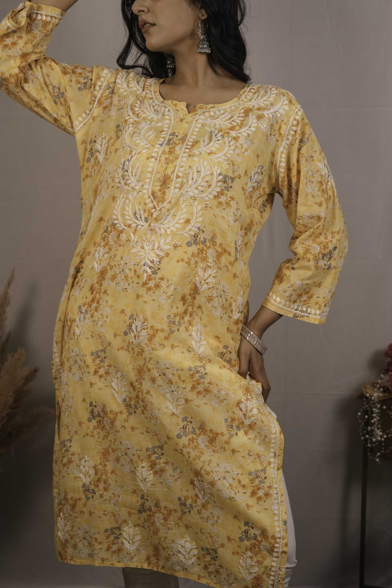 Mul Cotton Chikankari Yellow Kurti