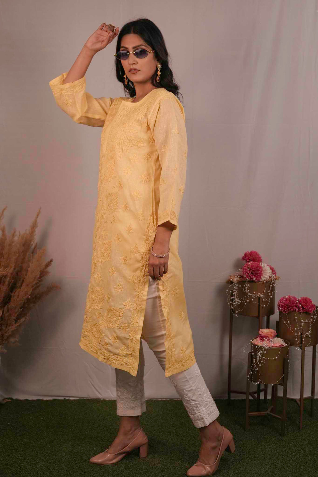 Linen Chikankari Yellow Kurti
