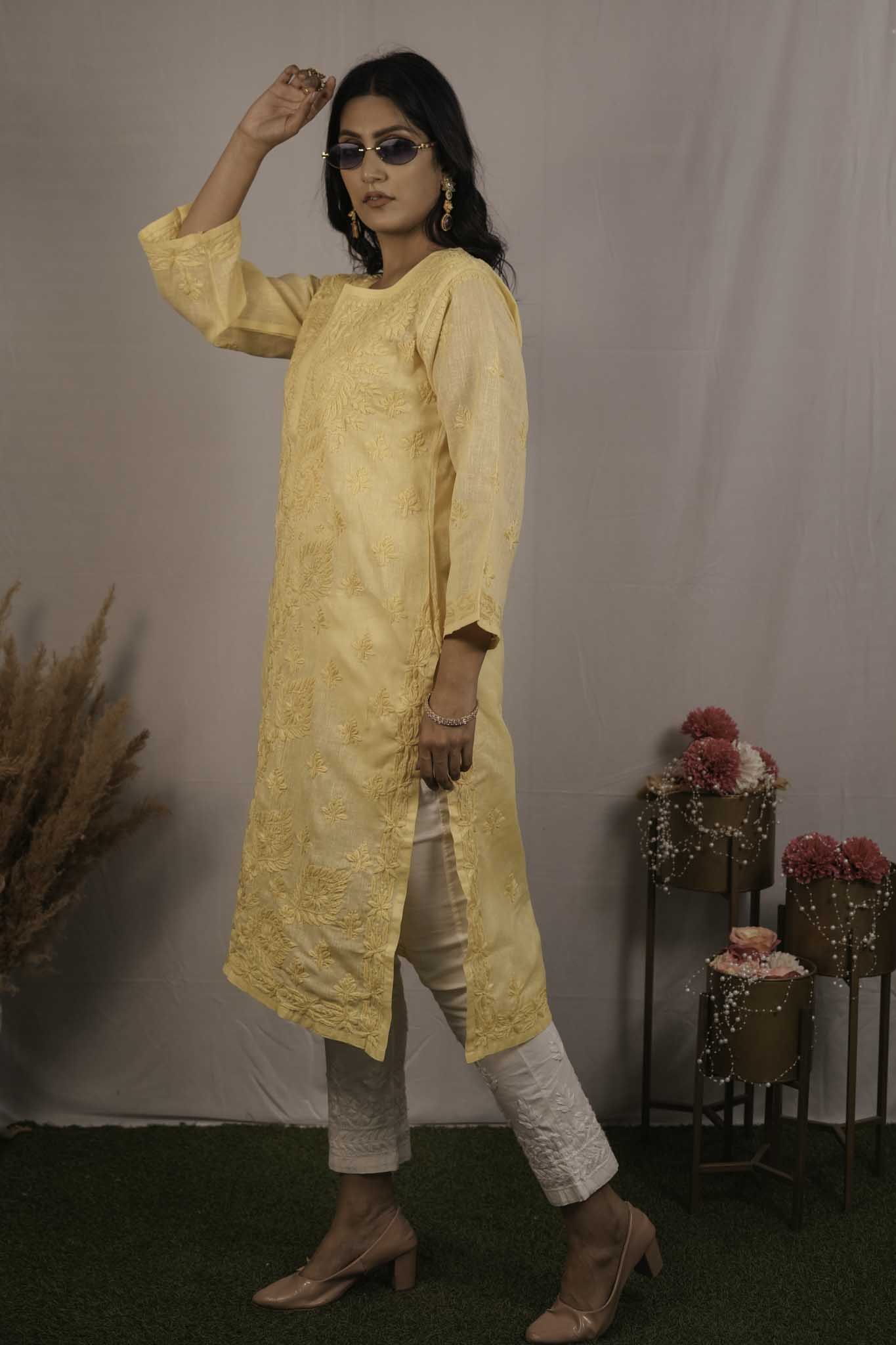 Linen Chikankari Yellow Kurti